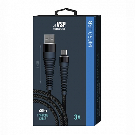 Дата-кабель Fishbone USB – micro USB, 3А, 1м, Черный, BoraSCO